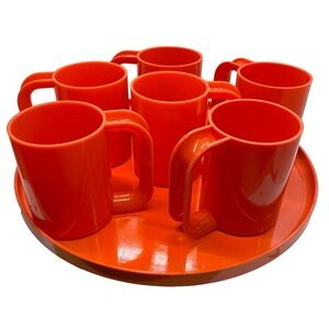 Vintage 70s Mod Heller Max Mug (6) and Tray Set, Melamine Plastic Tomato Red